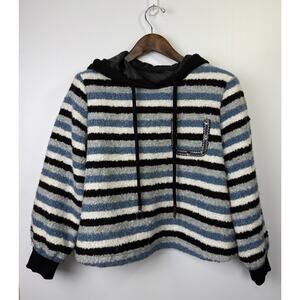 KUOSE Women M Wool Blend Boucle Striped Hooded Sweater Blue Black Lined Pull